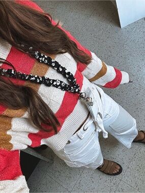 Black and white floral scrunchie lanyard
